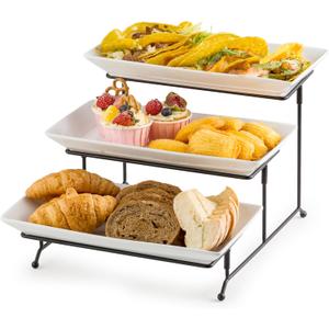 Gomakren 3 Tier Serving Trays Stand Porcelain Serving Platters 12 Inch White Serving Plates Dinner Platters for Appetizer Snack Fruit Cup Cake Tray Display Christmas Serving Dishes for Entertaining (15.9" x 11.7" x 9.1", Black)