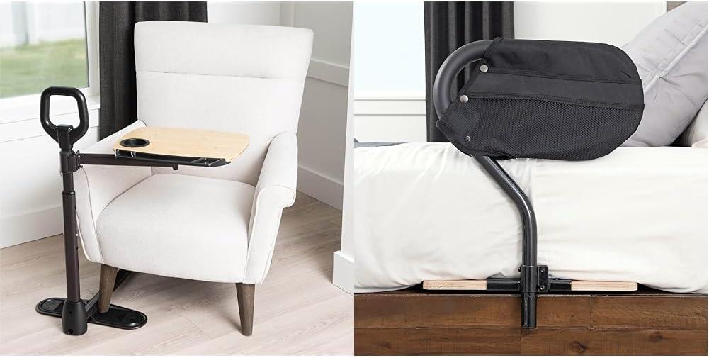 Able Life Able Tray Table, Adjustable Bamboo Swivel TV and Laptop Table & Stander BedCane, Adult Bed Rail and Support Handle, Height Adjustable Elderly Stand Assist with Organizer Pouch