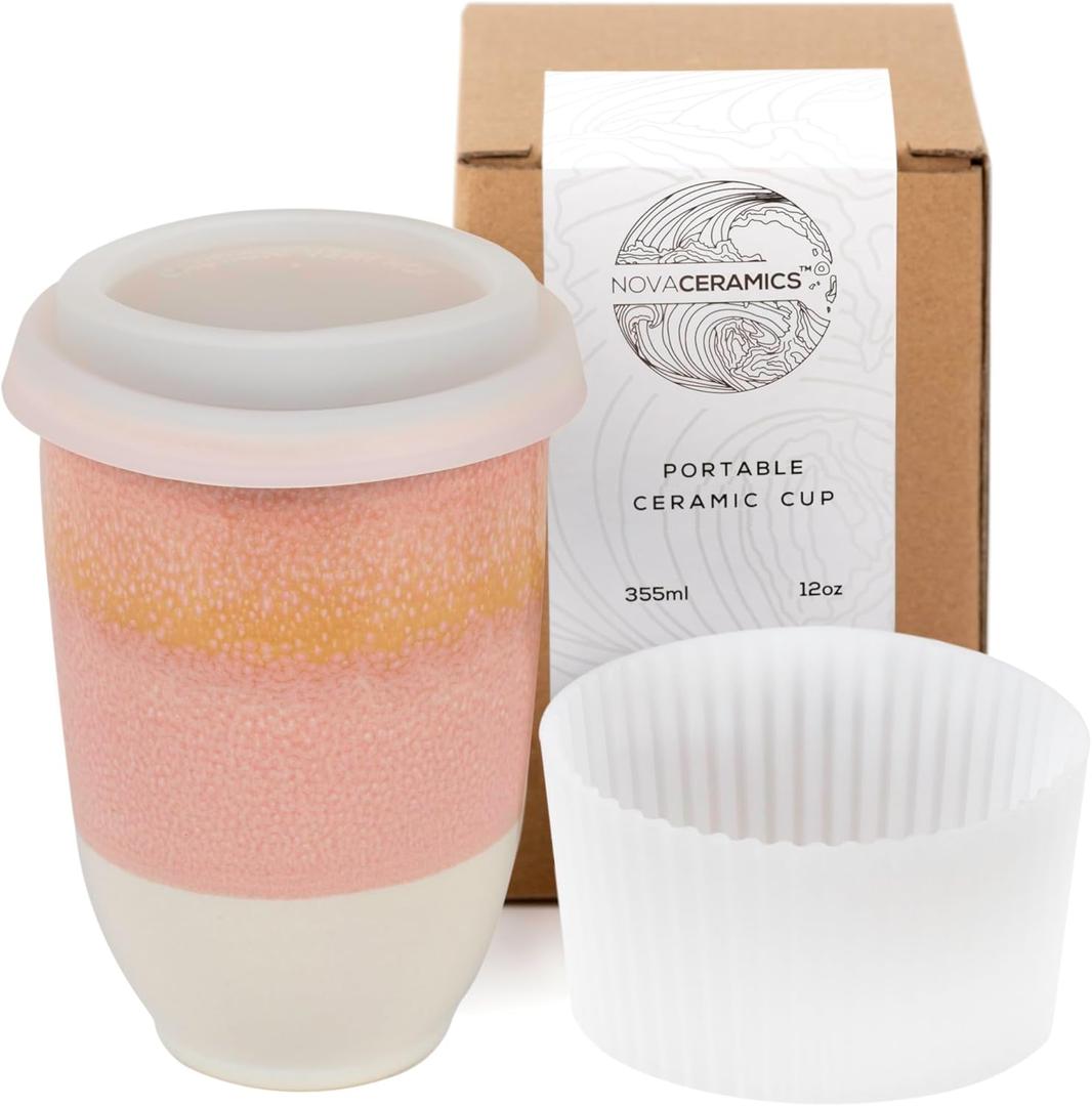 NOVA CERAMICS Travel Mug - Travel Coffee Mug  Iced Coffee Cup Unique to Go Mug  Microwave & Dishwasher Safe Coffee Pink Tumbler - Gifts for Women Men Him Her  12oz  Afterglow