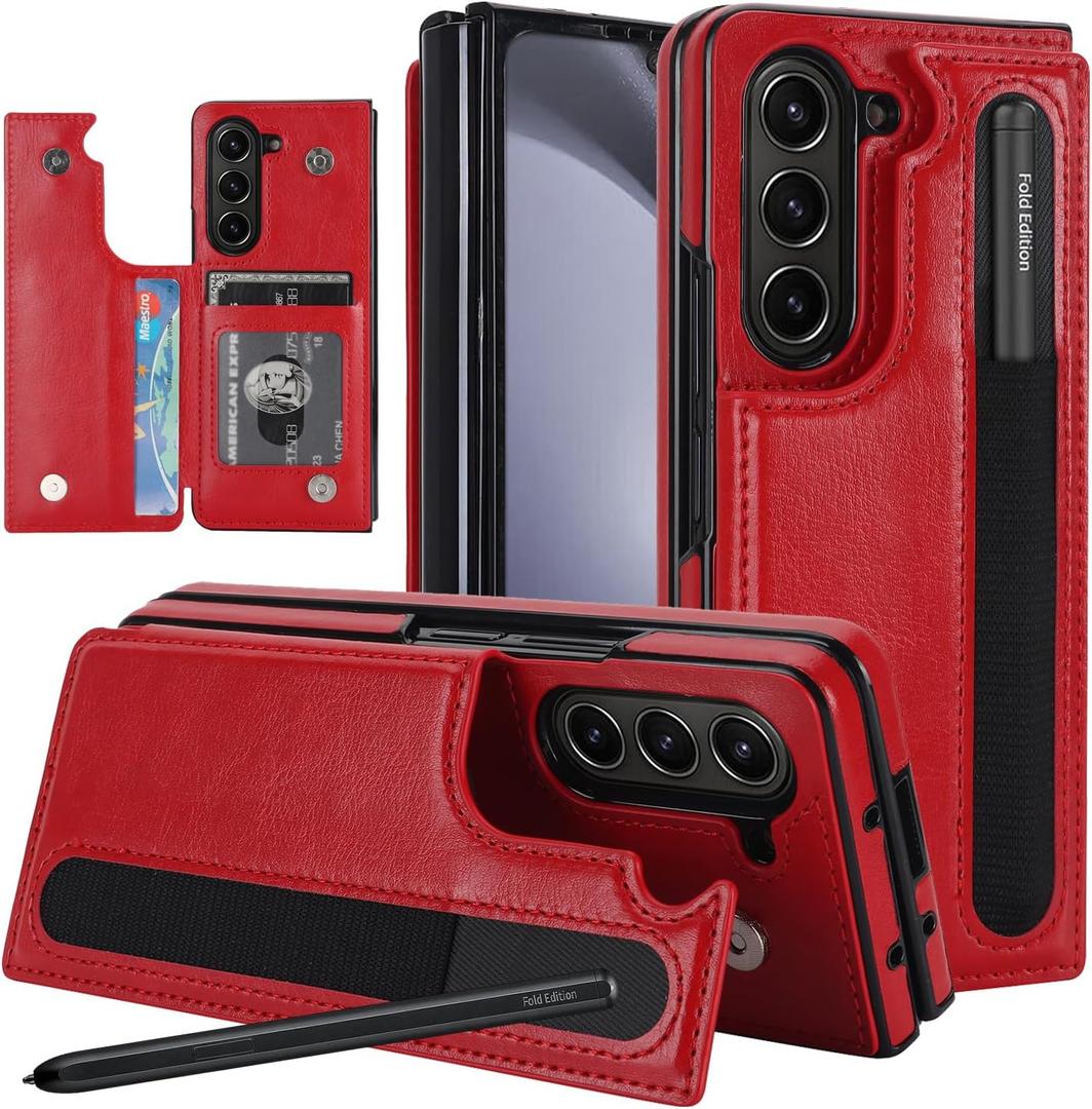 Asuwish Phone Case for Samsung Galaxy Z Fold 7 Wallet Cover with S Pen SPen Slot Flip Credit Card Holder Stand Slim Rugged PU Leather Mobile Purse Cell Accessories ZFold Z7 G Fold7 7Z Women Men Red