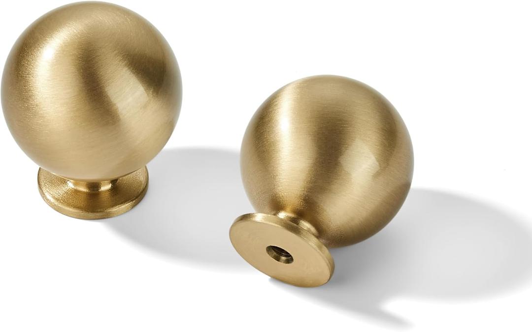 khtumeware 2-Pack 100% Solid Brass Cabinet Knobs, Round Ball Gold Knobs for Dresser Drawer, 1.25-Inch Diameter,Sphere Cabinet Pulls, Brushed Brass Finish