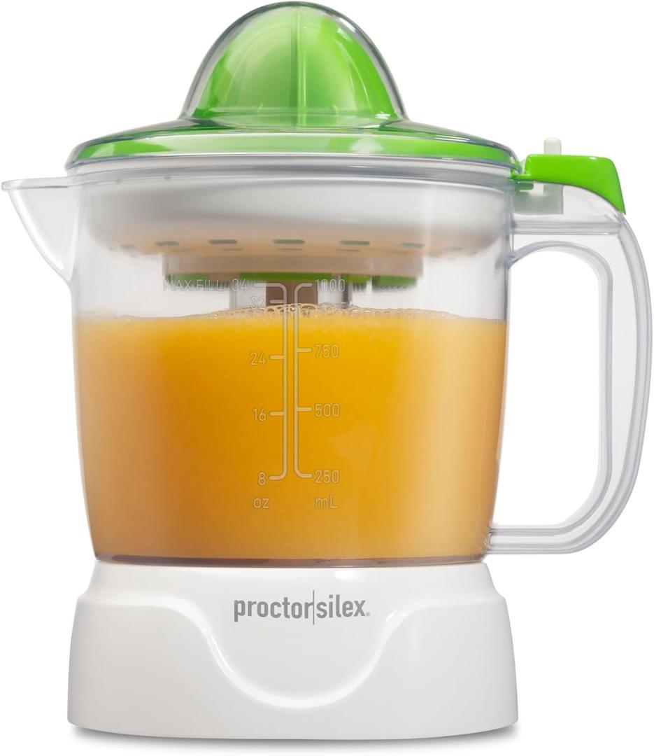 Proctor Silex Electric Citrus Juicer Machine, Large 34 oz. Pitcher, Pressure Activated, 2 Reamers for Big and Small Fruit, Pulp Control, for Orange, Lemon, Grapefruit Juice, White & Green (66340)
