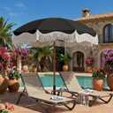 7ft Patio Umbrella with Fringe, Boho Beach Umbrellas, Outdoor Tassels Umbrellas with Push Button Tilt & Carrying Bag, 8 Windproof Fiberglass Ribs, UPF50+