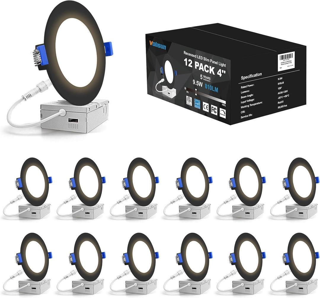 VOLISUN 12 Pack 4 inch Recessed Lighting, 5CCT LED Recessed Light Black, 2700K-5000K Selectable, 9.5W Eqv 80W, 810LM Dimmable Canless Wafer Downlight, LED Ceiling Light ETL Certificated