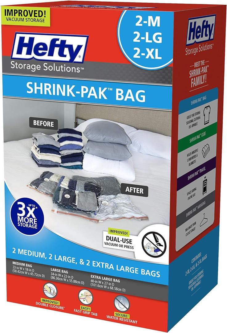 Hefty Shrink-Pak - 2 Medium, 2 Large, 2 XL Vacuum Seal Storage Bags Space Saver Bags for Clothing, Pillows, Towels, or Blankets, 6 Pc Set