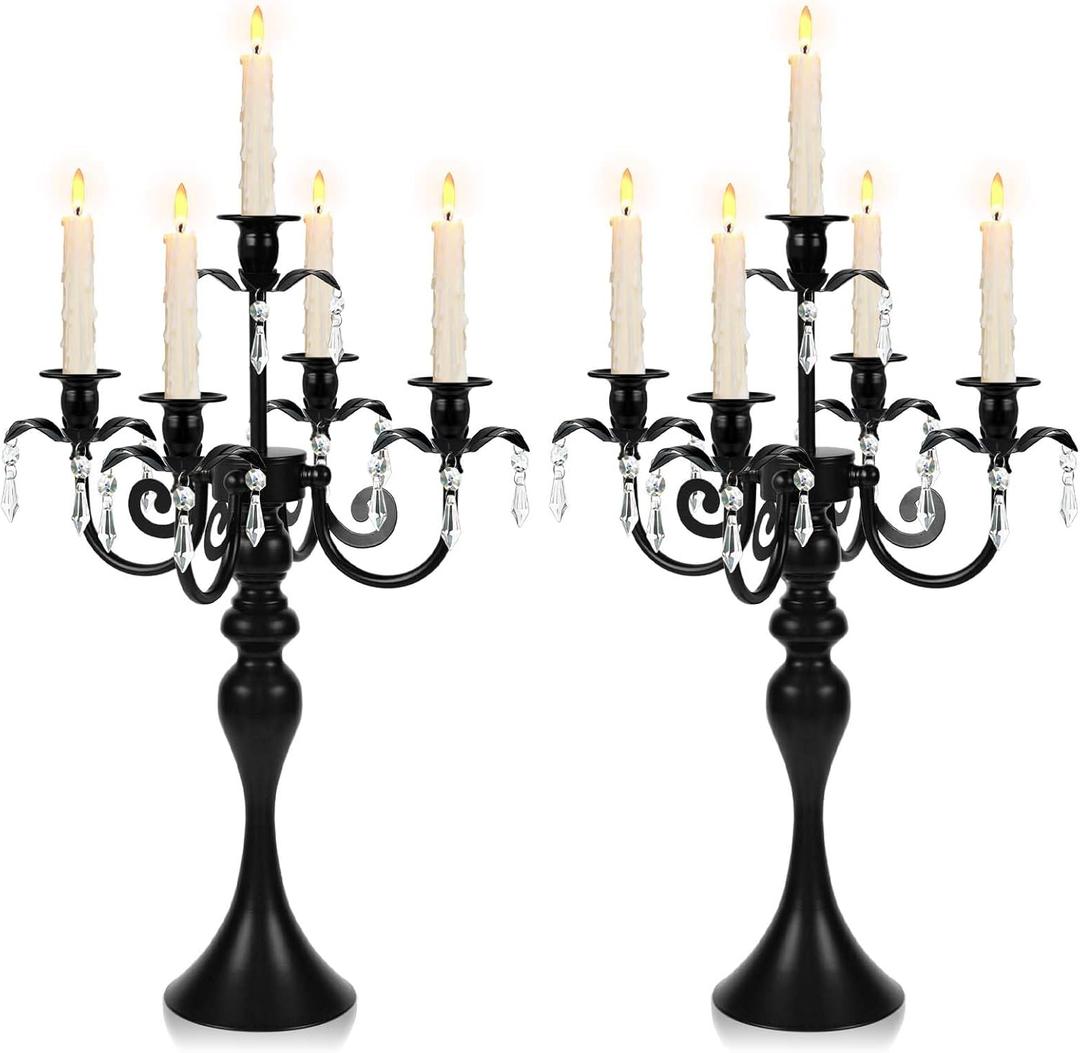 20''Tall Black Crystal Pendant Taper Candle Holders/Stylish Candle Stands/Candlesticks Holder/Candelabra for Home Decor, Weddings/Parties/Elegant Dining Table Centerpiece (2, Black, 5 Arm)