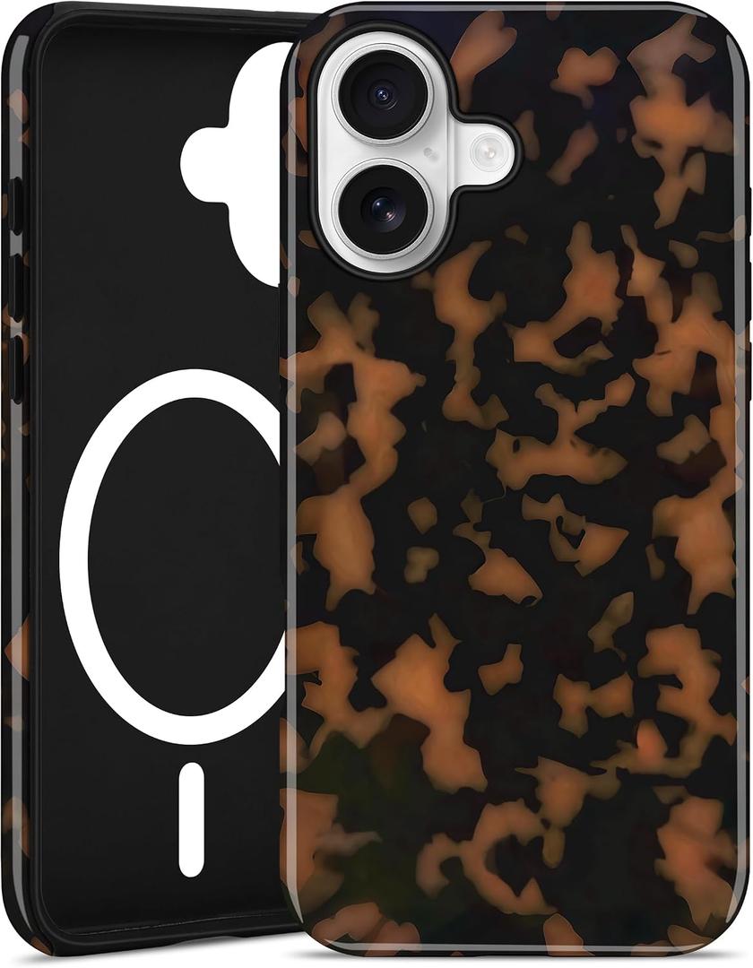 Jusy Compatible with MagSafe Brown Tortoise Shell Print Phone Case for iPhone 17, Amber Trendy Luxury Magnetic Soft TPU and Hard PC Protective Phone Cover for Women Girls - Yellow