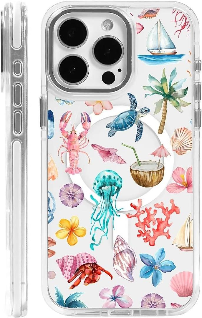 for iPhone 14 Plus/15 Plus Case [Compatible with Magsafe],Girls Women Clear Magnetic Case Silicone Shockproof Protective Cover with Pattern Sea Turtles Coconuts Jellyfish
