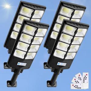 ZJOJO Solar Street Lights Outdoor Waterproof, 6500K 10000LM 448 LEDs Parking Lot Lights Dusk to Dawn, Flood Light Wide Angle Motion Sensor and Remote Control for Area Lighting Yard 4-Pack