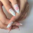 Handmade Press On Nails Medium Almond Nails, French Tip Press On Nails, 10 Pcs 3D Pink Nails For Women, Reusable Stick On Fake Nails Kit With Nail File (Size S)