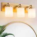 3 Light Modern Bathroom Light Fixtures Over Mirror, Brass Finish Vanity Lights for Bathroom Wall Sconces with Milky White Glass Shades, E26 Socket (Bulbs Not Included)