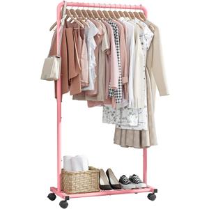 Clothes Rack - Clothing Rack with Storage Mesh Shelf & Casters, Heavy-Duty Metal Clothing Rack for Hanging Clothes, Dresses, Coats, Large Load Capacity, Easy Assembly, Pink, 28.0"x14.0"x59.0"