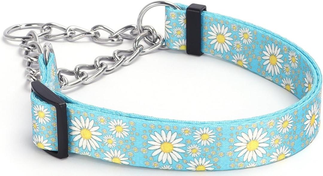 Martingale Dog Collar with Stainless Steel Chain - Cute Daisy Design Patterns Pet Collar for Large, Medium Dogs (Light Blue, Medium)