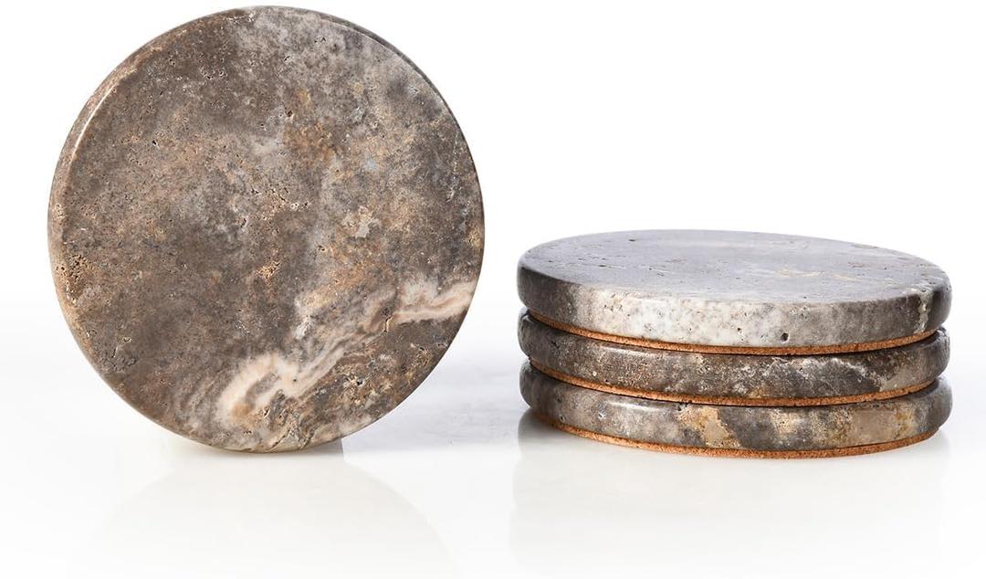 Natural Marble Coasters Set of 4, Round Travertine Coasters 4 Inch, Modern Gray Stone Coaster, Vintage Drink Coaster for Home Decor, Coffee Table, Office