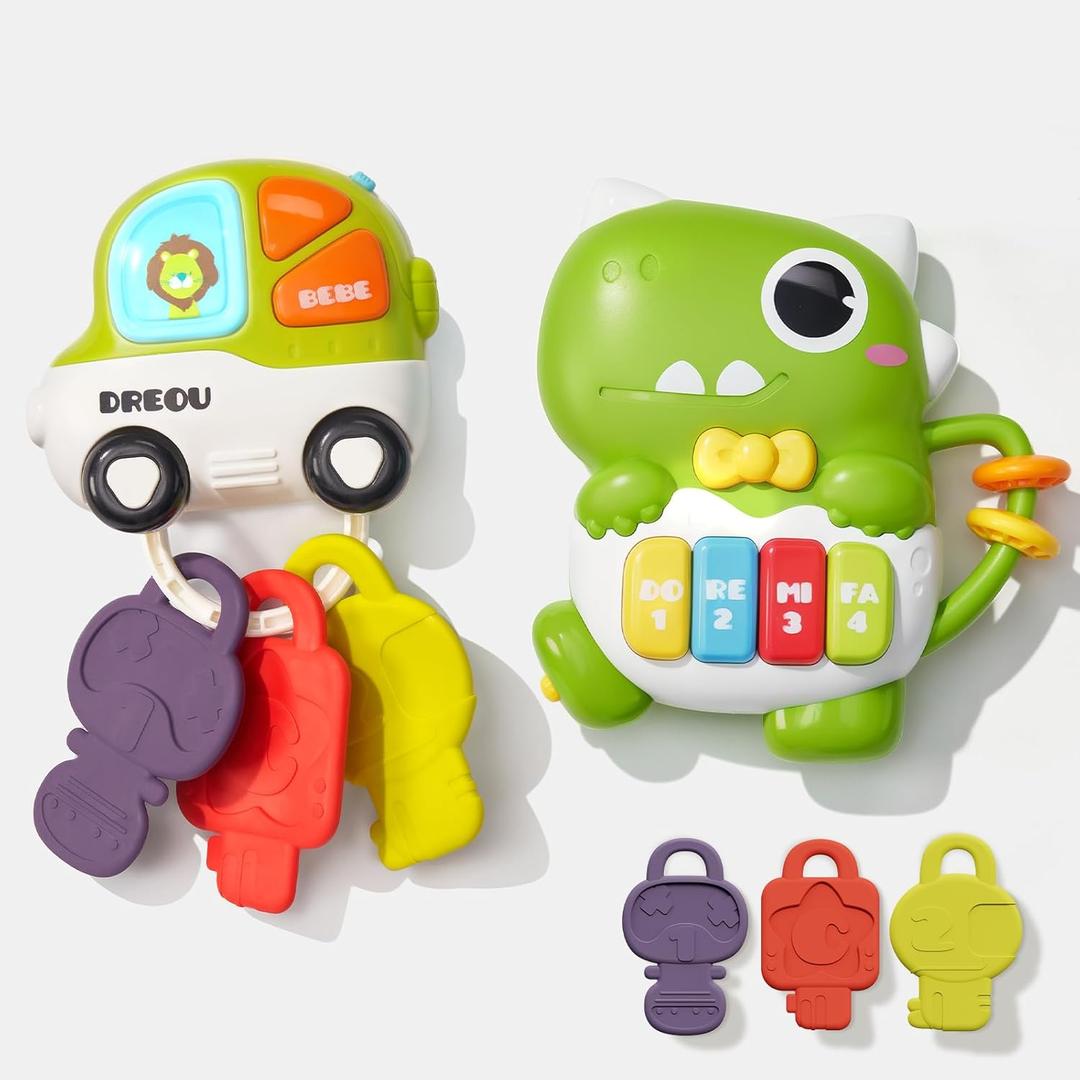 Evoceler Baby Toys, Keyboard Musical Toys with Teethers & 4 Music Modes, 2 Pcs Light Up Interactive Educational Baby Piano Toys for Toddlers 18+ Months (Dinosaur Design)