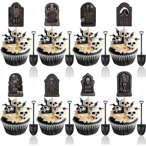 48 Pcs Halloween Cupcake Toppers - Tombstones Graveyard Cake Topper, Halloween Cake Decorations with Mini Shovel Spoons, 8 Designs Helloween Cupcake Picks for Kids Birthday Helloween Party Decorations