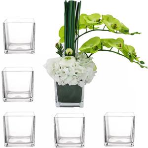 Set of 6 Square Glass Vases 4"4"4",Clear Flower Vase,Candlestick,Suitable for Wedding Centerpieces Home Floral DecorationFlower Decoration for VariousParty Events
