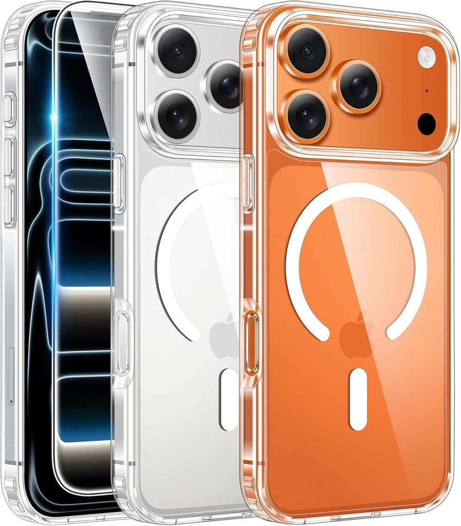 FNTCASE for iPhone 17 Pro Case, Compatible with Magsafe, Clear Transparent Magnetic Shockproof Protective Rugged Phone Cover with Screen Protector - 6.3 inch (A-Clear)