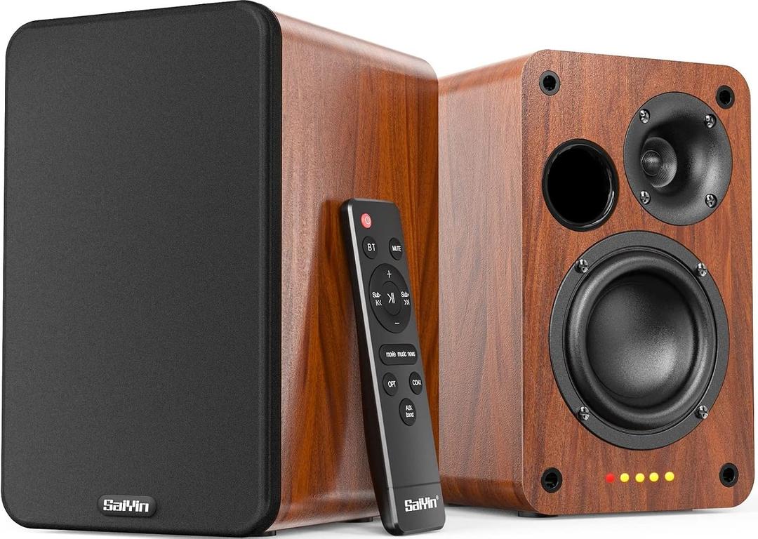 Saiyin Bluetooth Bookshelf Speakers, 30W X 2 Powered TV Speakers with 3.75 Inch Woofer, Turntable Speakers with Optical/AUX/RCA Input for PC and TV