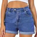 VIPONES Denim Shorts Women Stretchy High Waisted Fold Hem Jean Shorts 3.5 Inch Inseam Casual Summer Hot Shorts (Blue, L)