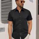 Men's Short Sleeve Dress Shirts Stretch Stain Shield Business Casual Button Down Shirts Solid Formal Wedding Tops (Black, M)