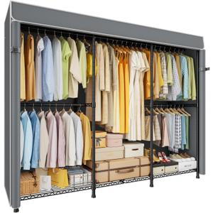 ULIFHOME E14C Pro Heavy Duty Closet Organizer SystemFreestanding Clothing Racks for Hanging ClothesAdjustable Garment Rack 70.1"W 16.6"D 76.4"H Hold 960 lbsBlack Rack with Grey Dustproof Cover