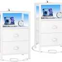 Furologee Nightstands Set of 2, End Tables Set of 2 with Charging Station and LED Lights, White Night Stands with 2 Fabric Drawers, Bedside Tables for Living Room/Bedroom