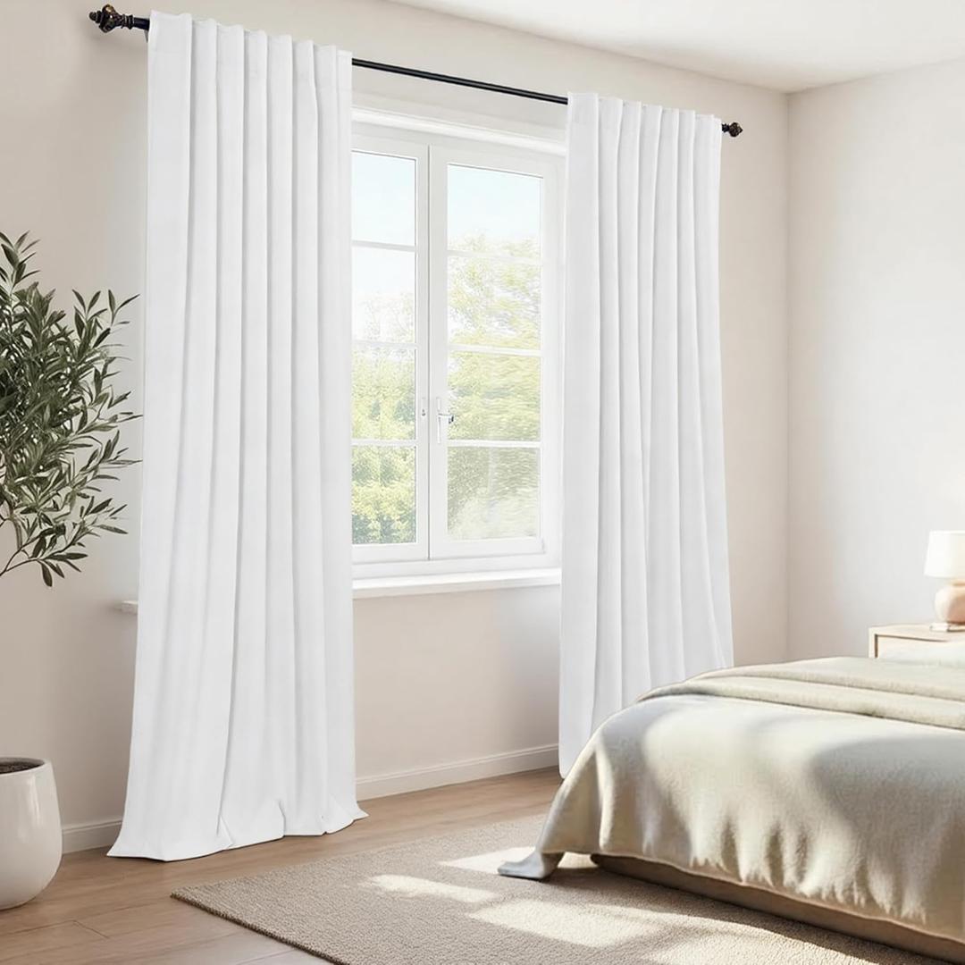 KOUFALL 90 Inch Long White Linen Blackout Curtains for Bedroom,Back Tab Black Out Winter Curtains for Living Room 2 Panels Set,Pure Warm White
