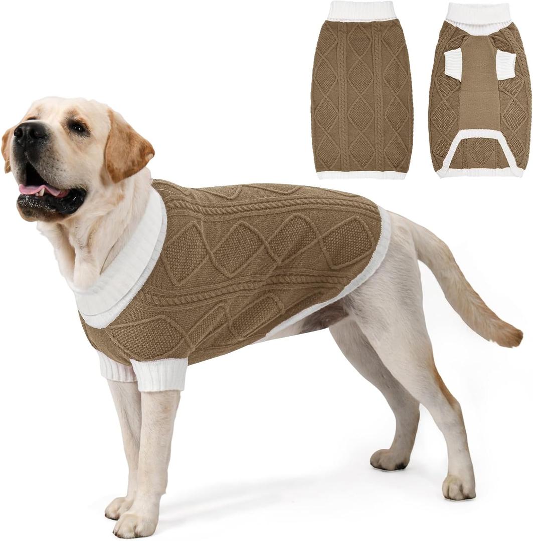 Dog Sweater for Large Dogs Argyle Cable Knit Turtleneck Pullover Winter Clothes Boys Girls Stretch Golden Retriever Labrador Bulldog Pitbull Doberman Pet (XXL, Brown)