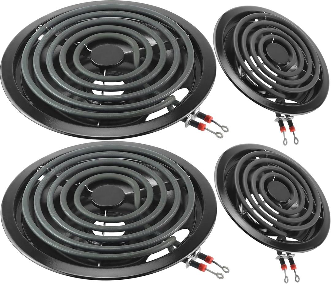 Black Porcelain Burner Drip Pans 2*WB31M19(8) 2*WB31M20(6)&Electric Stove Burner Replacement 2*MP15YA(6") 2*MP21YA(8") Compatible for G-E Hot-point Ken-more Electric Range Stove by MIFLUS (Gloss Black)