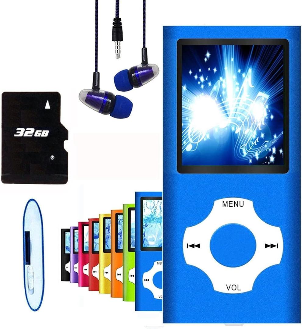 MP3 Player, Hotechs MP3 Music Player with 32GB Memory SD Card Slim Classic Digital LCD 1.82'' Screen Mini USB Port with FM Radio, Voice Record (Blue)