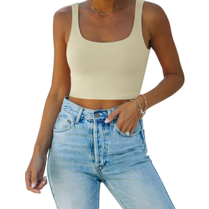 REORIA Women’s Sexy Square Neck Double Lined Seamless Sleeveless Cropped Tank Yoga Crop Basic Tops S