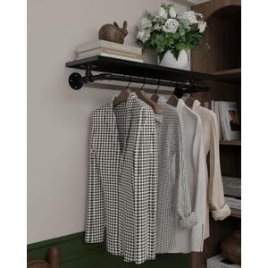 Black Clothes Rack 36in, Wall Mounted Garment Rack with Black Real Wood Shelf, Heavy Duty Hanging Clothes Rack, Multi-Purpose Hanging Rod, Space-Saving Closet Storage, Black 