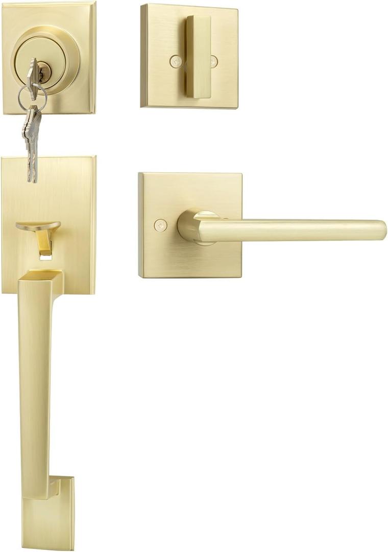 Goldenwarm Front Door Handle and Deadbolt Set, Gold Front Door Lock Set with Reversible Handle Lever, Single Cylinder Front Door Handles and Locks