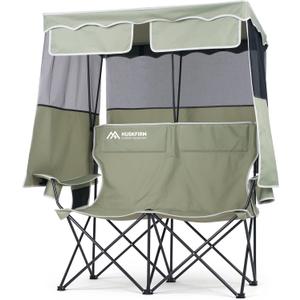 Huskfirm Double Camping Chair with Shade Canopy 2 Person Folding Chair with Canopy Portable Beach Chair Heavy Duty Camping Chair with Two Cup Holders and Side Pocket for Outside Camping,Beach,Sports