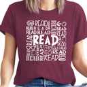 Reading Teacher Shirt Women-Cute Read More Books Short Sleeve Library Book Lovers Daisy Tee Tops (Red, L)