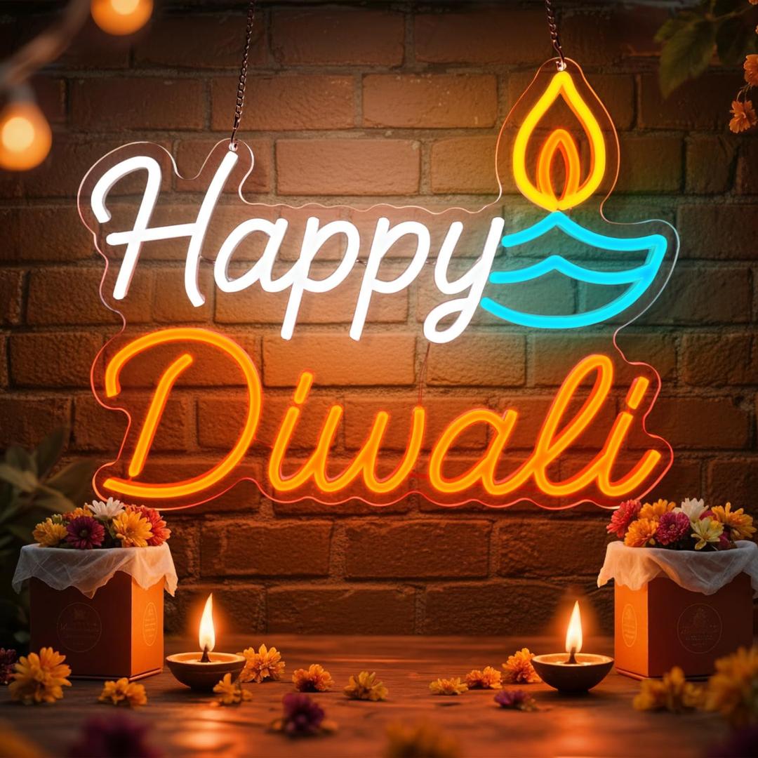 Happy Diwali Neon Sign,Neon signs For Wall Decor,USB Powerd with Dimmable Brightness Diwali Decor,Neon Lights for Festival,Diwali Decorations for Home,Indoor Diwali Lights for Party,Mandir