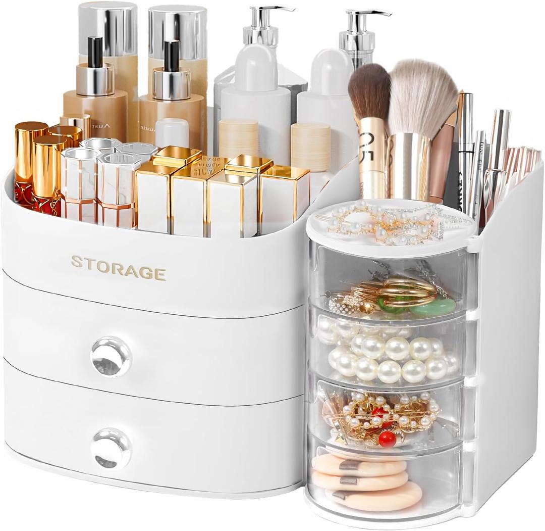 XIAPIA Makeup Organizer Countertop, Make Up Organizer for Vanity, Skincare & Cosmetic Organizers with Drawers, Bathroom Organizers Storage for Brush Holder|Lipstick|Jewelry, Ideal Gift for Women WHITE