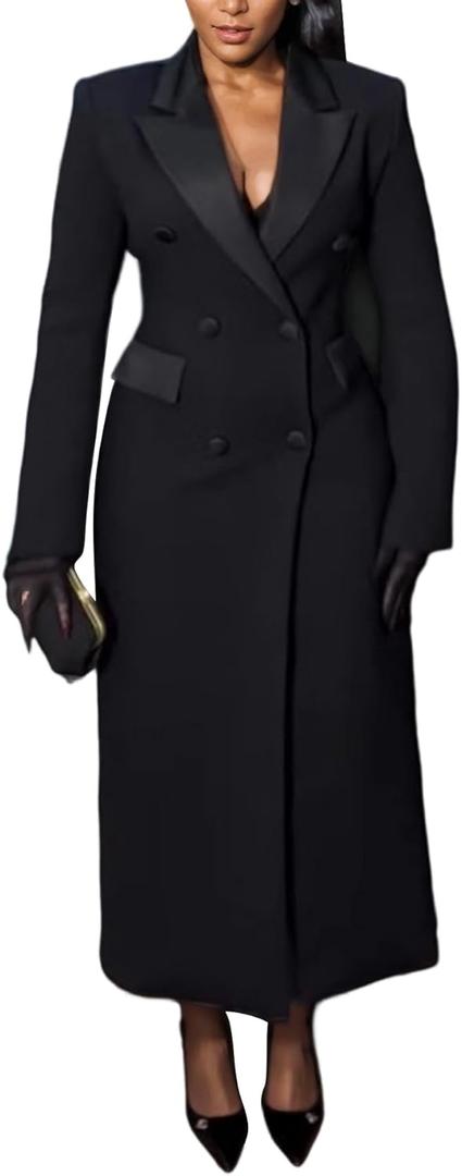 LKOUS Long Blazers Dresses for Women Long Sleeve Lapel Pockets Elegant Trench Coats Dress Fall Winter Business Outfits (3X-Large, Black)