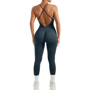 MOOSLOVER Women Strappy Backless One Piece Jumpsuits Tummy Control Padded Workout Rompers (Blue, XL)