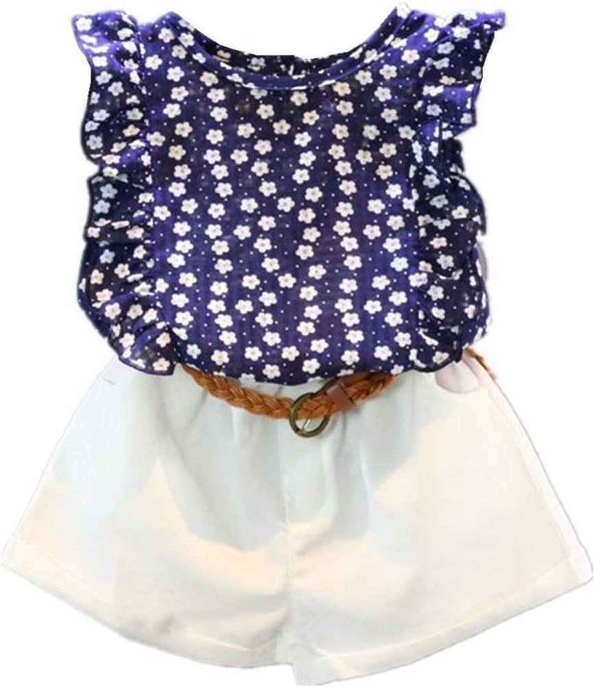 Baby Toddler Girls Summer Outfits 2-7 Years Kids Flower Print T-Shirt Sleeveless Top Belt Shorts Pants Set (Blue)