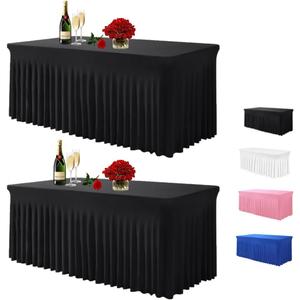 Albassa Table Skirts for Rectangle Tables 6ft, Spandex Table Covers for 6 Foot Tables, Wrinkle Resistant Ruffles Elastic Table Cloths for Banquets, Weddings, Parties (Black, 6ft 2Pack)