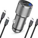 Dual 45W USB C Car Charger, 90W Max Super Fast Charging, All Metal 12V Cigarette Lighter Adapter for iPhone 17 Pro Max/16/15/iPad, Samsung Galaxy S25/S24, Google Phones with 2 Type C Cable 3.3ft Gray