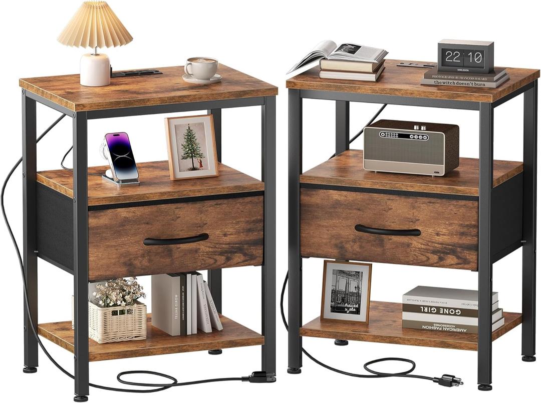 OLIXIS Nightstands Set of 2 with Charging Station, Bedside Tables with USB Ports and Fabric Drawer, Small Night Stand with Open Adjustable Shelf, Compact End Table for Bedroom, Rustic Brown
