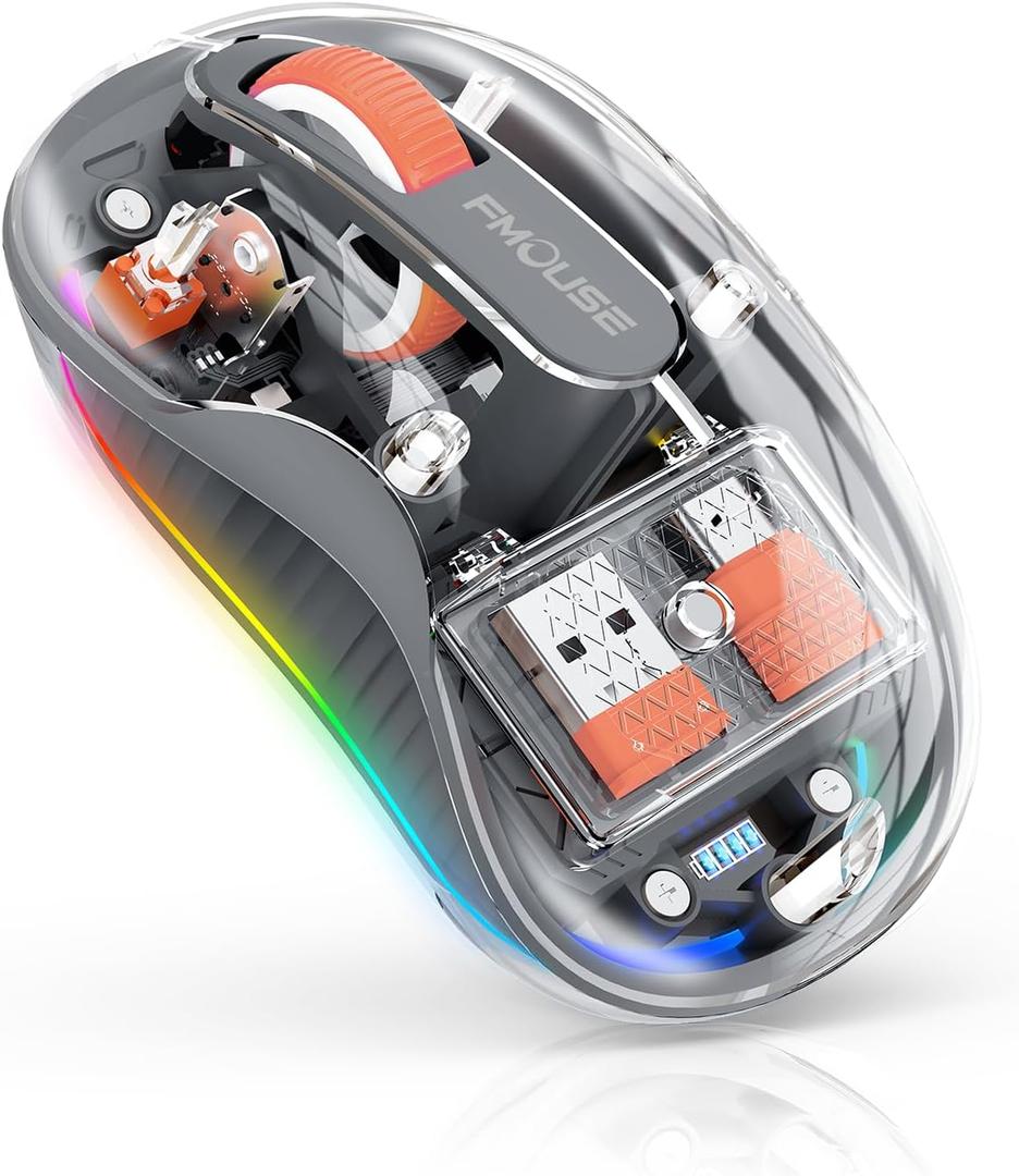 Creative Transparent Wireless Mouse, Dual Bluetooth & 2.4GHz for Multi Device, USB-C Receiver Ideal for MacBook/Laptops, Rechargeable, Silent, Portable, Cool LED, Ergonomic - Grey