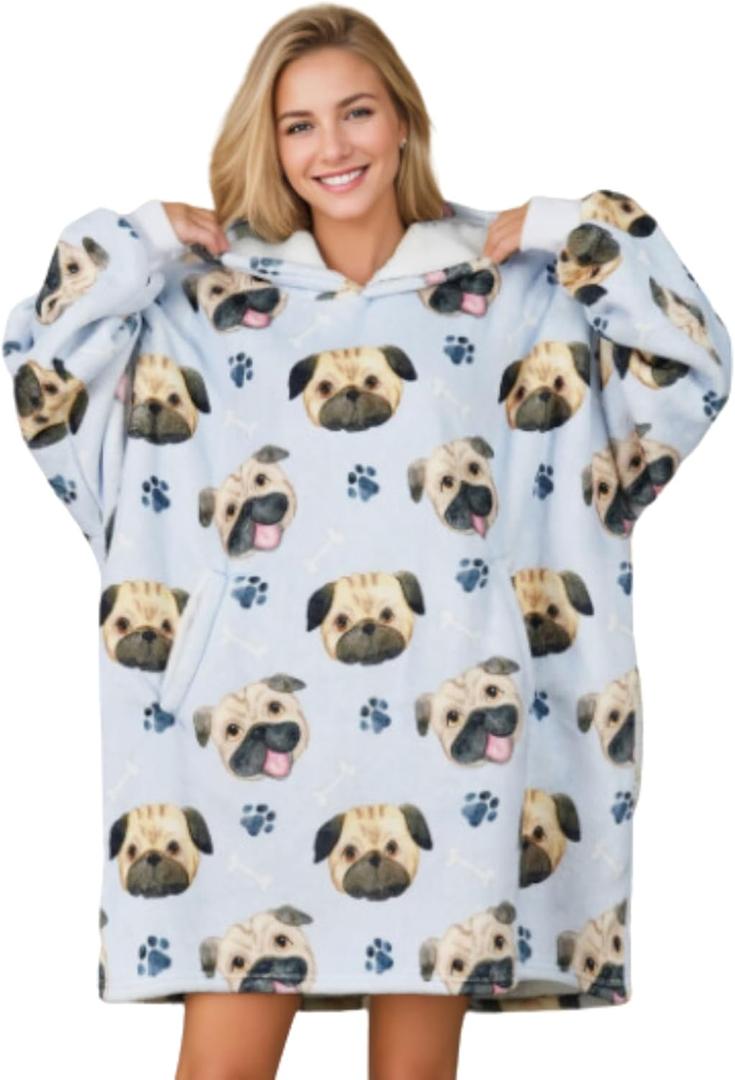 Pug Gifts Wearable Blanket Hoodie, Oversized Wearing Blanket for Pug Lovers