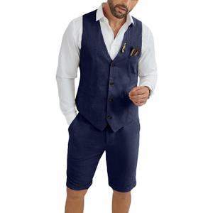 Mens Linen Suit 2 Piece Short Suits for Men Casual Summer Beach Groom Wedding Suit Linen Vest Shorts Set (XX-Large, Navy Blue)