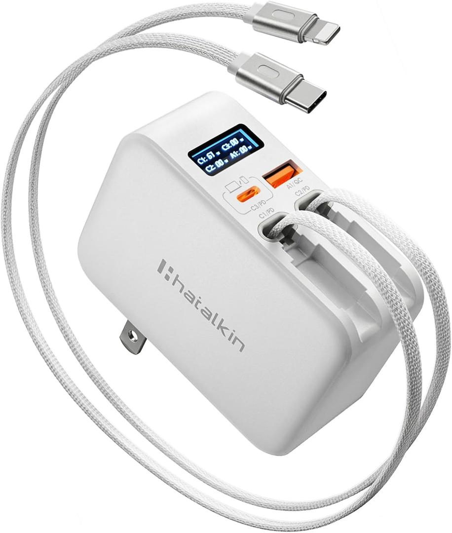 67W Retractable Wall Charger, Retractable USB C Charger Wall Plug with Digital Display, GaN Fast Charger, Dual Retractable Cables 3.3ft, 4-in-1 Travel Charger for MacBook Pro, iPhone 17/16, Galaxy S26