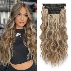 REECHO Clip in Hair Extensions, 4PCS Hair Extensions 24" Thick Long Beach Waves hair extensions HE003 Invisible Lace Weft Natural Soft Hairpieces for Women (Dark Ash Brown with Highlights)