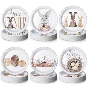 Fourluoo 96 Pcs Easter Paper Plates 7 Inch Bunny Eggs Disposable Dessert Dinner Plates for Easter Party Birthday Spring Rabbit Party Decoration Supplies
